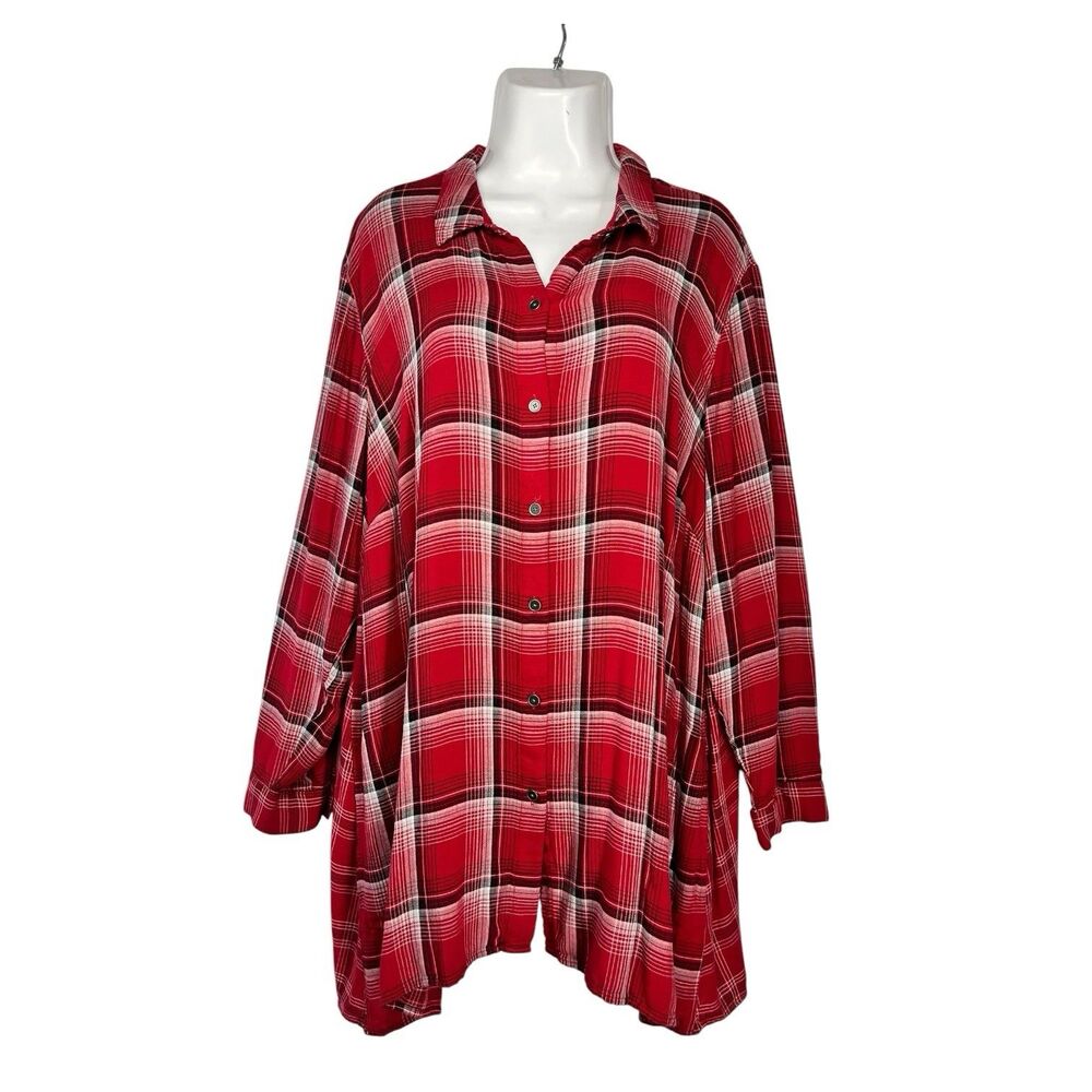 J. Jill Shirt Women 2X Plus Red Plaid Button Up Collared Long Sleeve Tunic Top